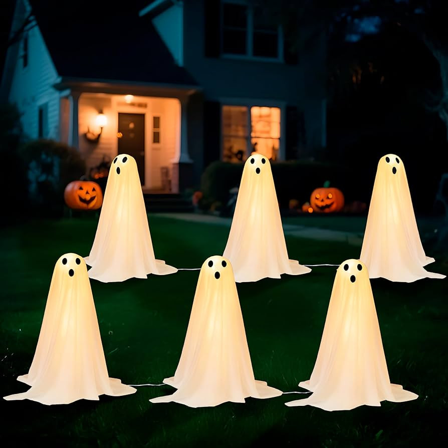 JOYIN 3 Pcs Halloween Decorations Outdoor Ghosts Pathway Lights, 18” White Cloth Ghost with Whi... | Amazon (US)