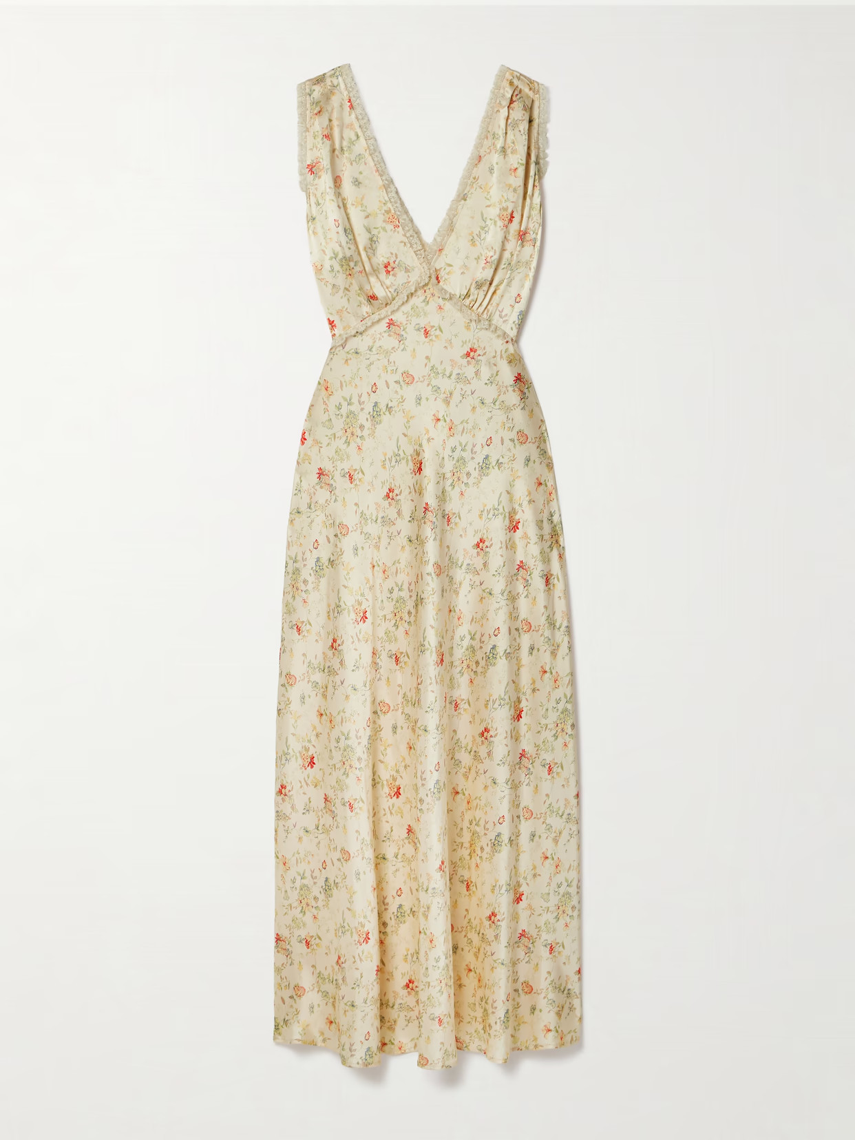 DÔEN - Tahlia Lace-trimmed Floral-print Silk-charmeuse Midi Dress - Neutrals | NET-A-PORTER (US)