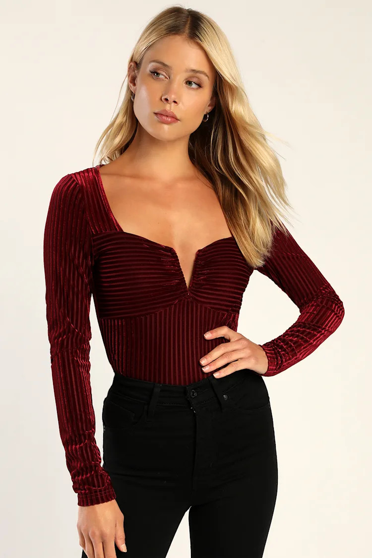 Ready To Go Out Wine Red Velvet Striped Long Sleeve Bodysuit | Lulus (US)