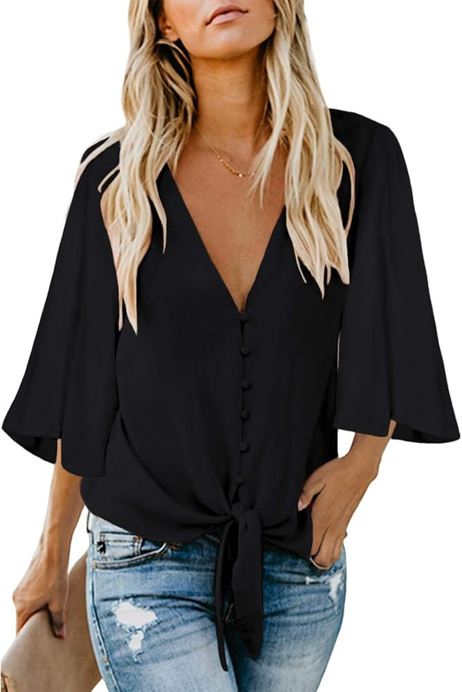 Women's V Neck Tops Ruffle 3/4 Sleeve Tie Knot Blouses Button Down Shirts | Amazon (US)