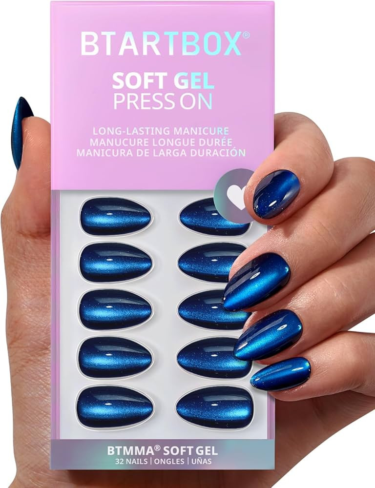 BTArtbox Press On Nails Almond - Forstbite Spell, Deep Blue Cat Eye Short Press On Nails with Glu... | Amazon (US)