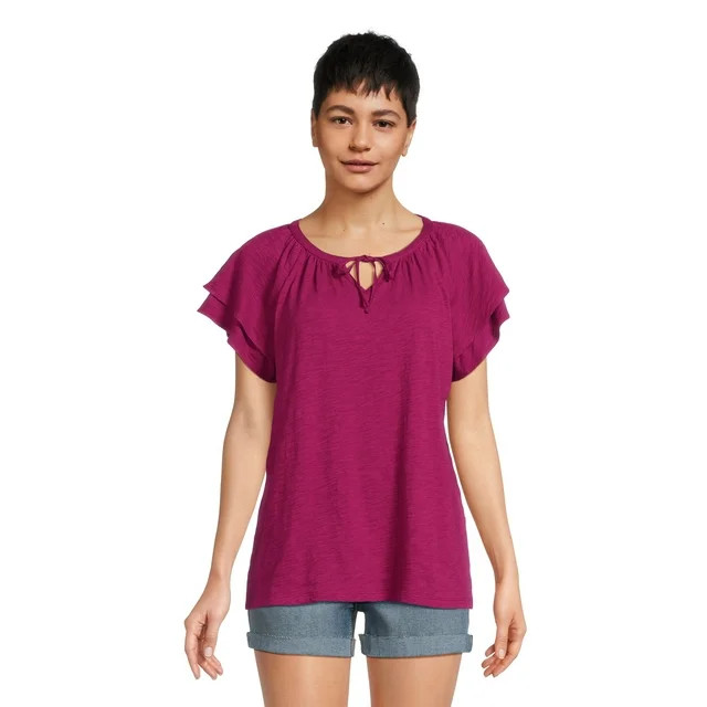 Time and Tru Women's Cotton Flutter Sleeve Tee, Sizes XS-XXXL | Walmart (US)