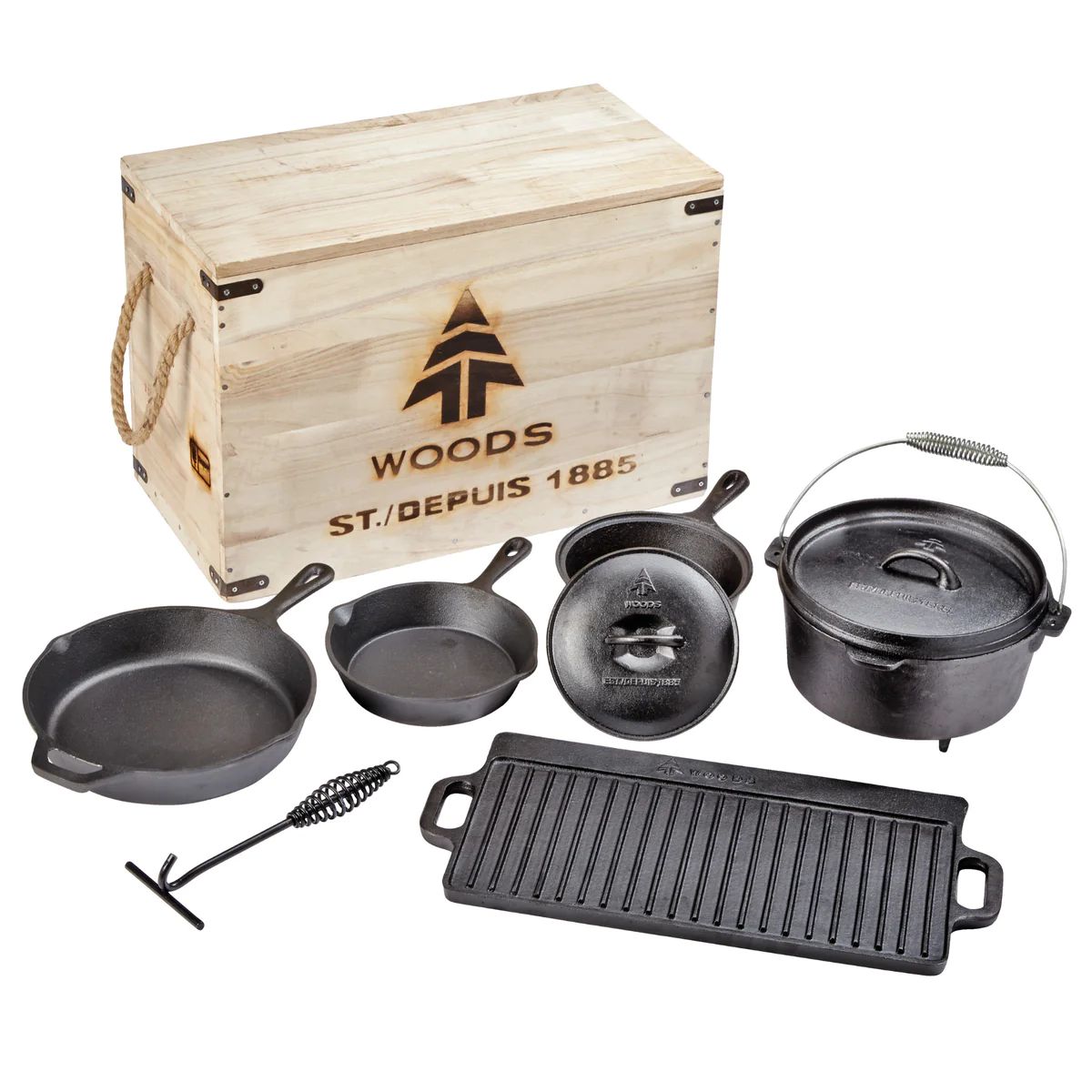 Woods Heritage Cast Iron Camping Cook Set with Crate - 8 Pieces | Woods