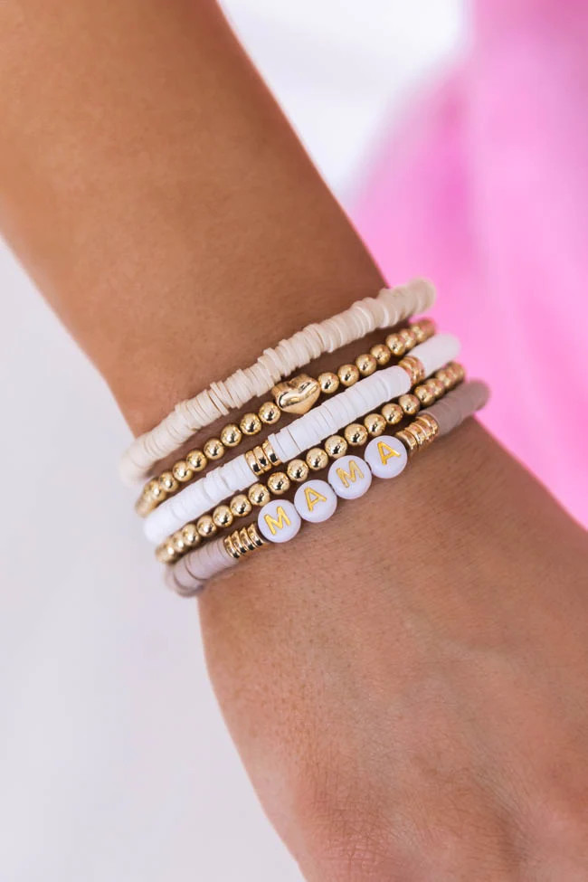 Mom Life Best Life Neutral Mama Rubber Disc Bracelet Stack | Pink Lily