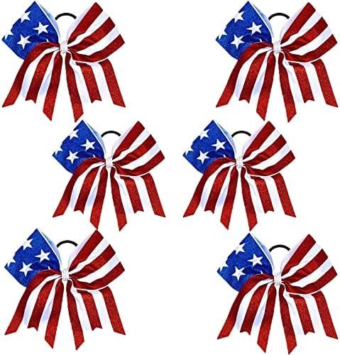 WeePaww 4th of July America Flag Glitter Cheer Hair Bows 8 Inch Patriotic Cheerleader Hair Bows with | Amazon (US)