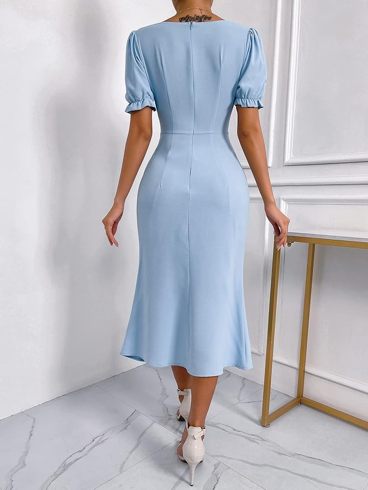 WDIRARA Women's Short Puff Sleeve Sweetheart Neck Ruched Split Thigh Midi Dress Blue L at Amazon Wom | Amazon (US)