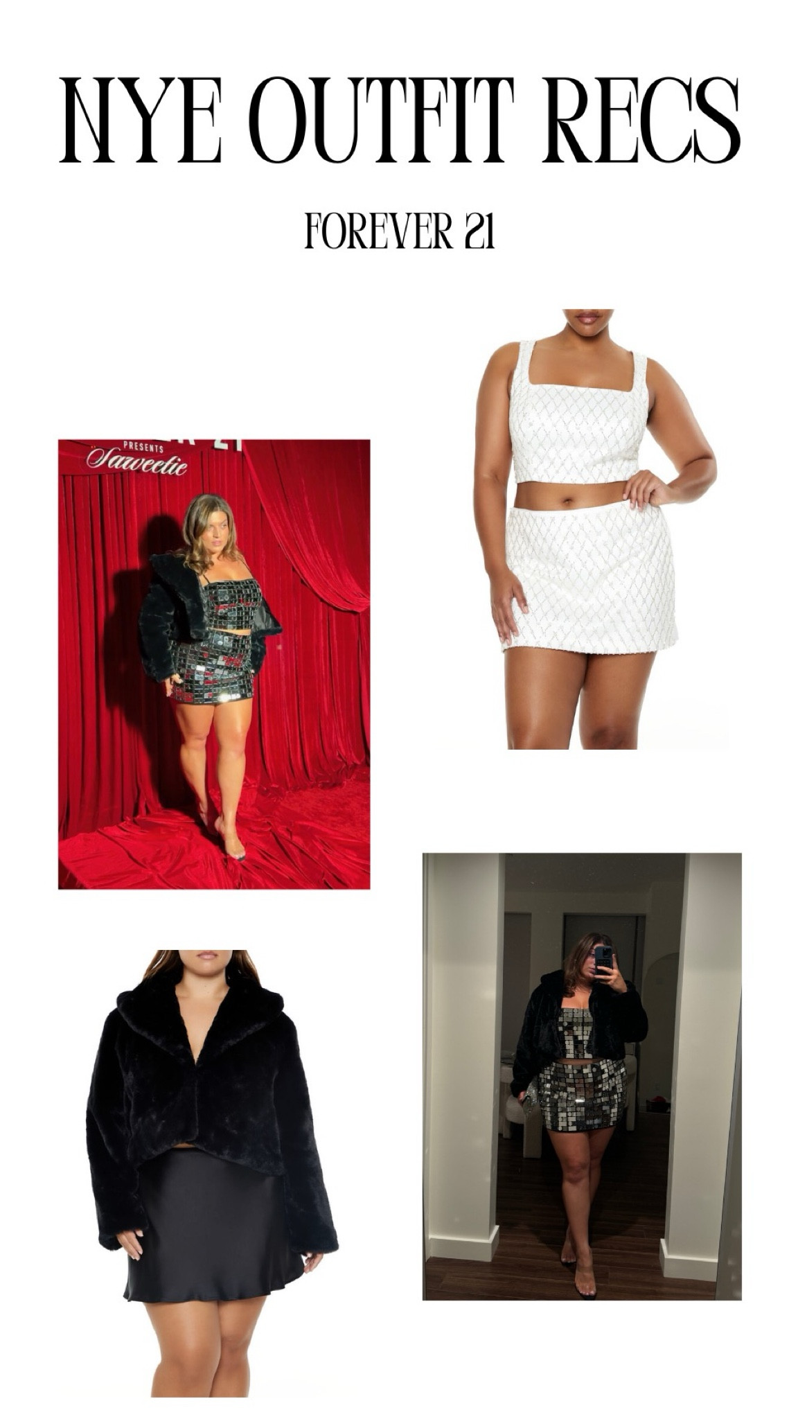 NYE affordable outfit recs!!! Hi besties! I wanted to share two of my favorite more affordable looks from the Forever 21 x Saweetie Collection, that are perfect for New Year’s!❤️ I wear 0x in both tops and a 1x in both skirts😍This cropped faux jacket has been my go-to lately with so many outfits too! Such a staple in your closet! Hope you love these looks!🖤🎊 Happy NYE!!! 

#LTKParties #LTKPlusSize #LTKHoliday
