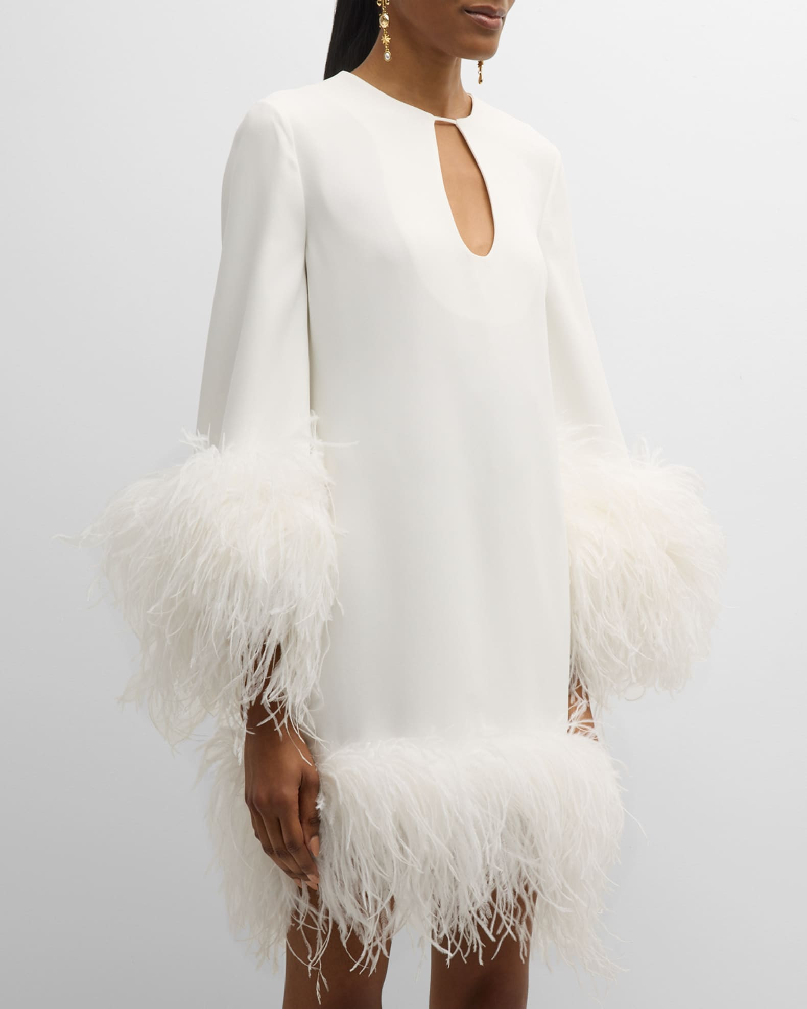 Feather-Trim Long-Sleeve Mini Dress | Neiman Marcus
