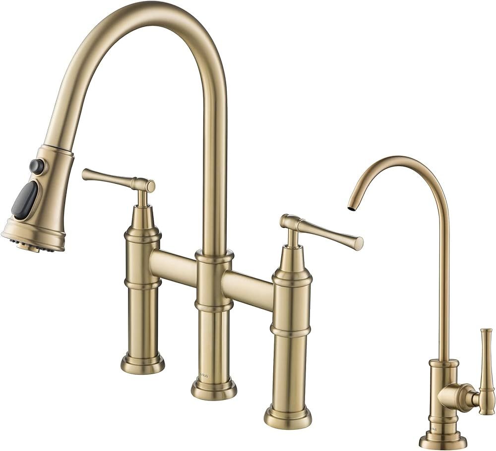 KRAUS Allyn Transitional Bridge Kitchen Faucet and Water Filter Faucet Combo in Brushed Gold, KPF... | Amazon (US)