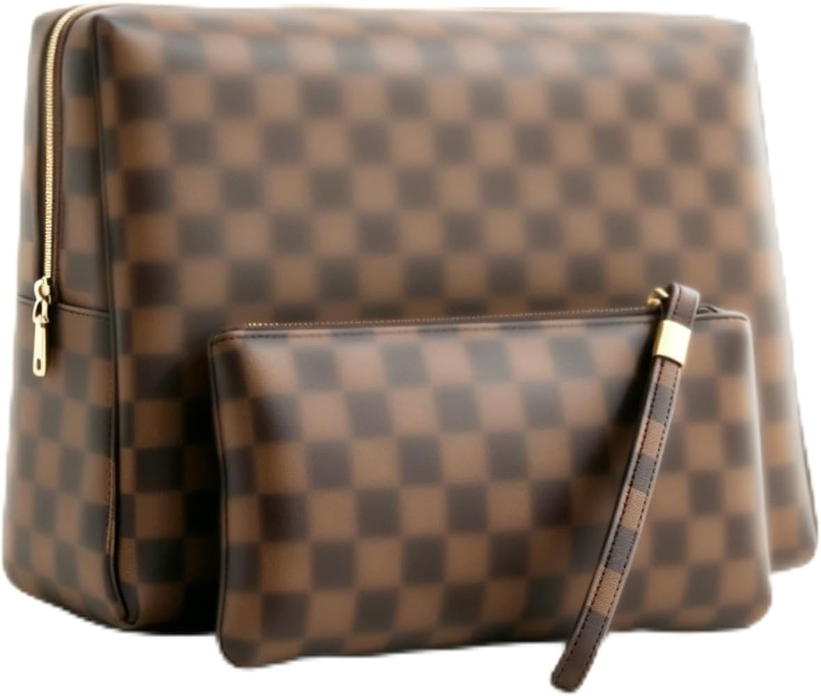 2 Pack Makeup Bag Set,Checkered aterproof PU Leather Makeup Organizer,Travel Cosmetic Bag with Zi... | Amazon (US)