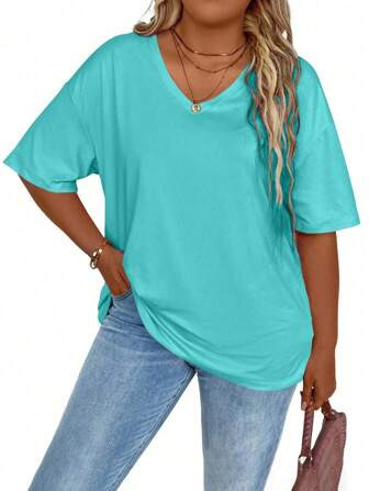 SHEIN LUNE Plus Size Dames Effen Kleur V-hals Drop Schouder Casual T-shirt Met Korte Mouwen Voor ... | SHEIN