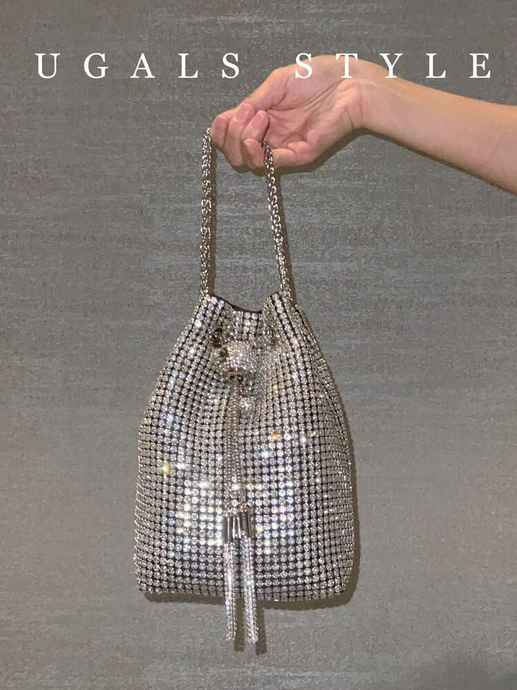 Sparkling Rhinestone Rope Woven Mesh Evening Bag - Drawstring Bucket Bag, Underarm Bag, Perfect F... | SHEIN
