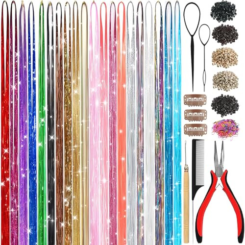 Hair Tinsel,20 Colors Hair Tinsel Kit for Girls 8600 Strands Fairy Tinsel Hair Extensions Holographic Hair Tinsel Heat Resistant Colored Hair Glitter Christmas Party Festival (20 Colors) | Amazon (US)