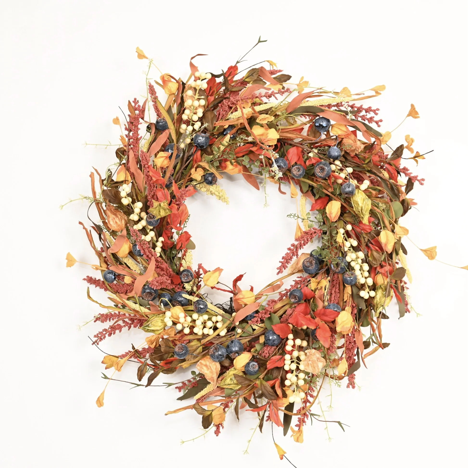 Rosalind Wheeler 26" Artificial Autumn Wildflower Wreath for Front Door, Farmhouse Fall Orange Foliage Mixed Berry Thanksgiving Harvest Mantel Wall Decor | Wayfair | Wayfair North America