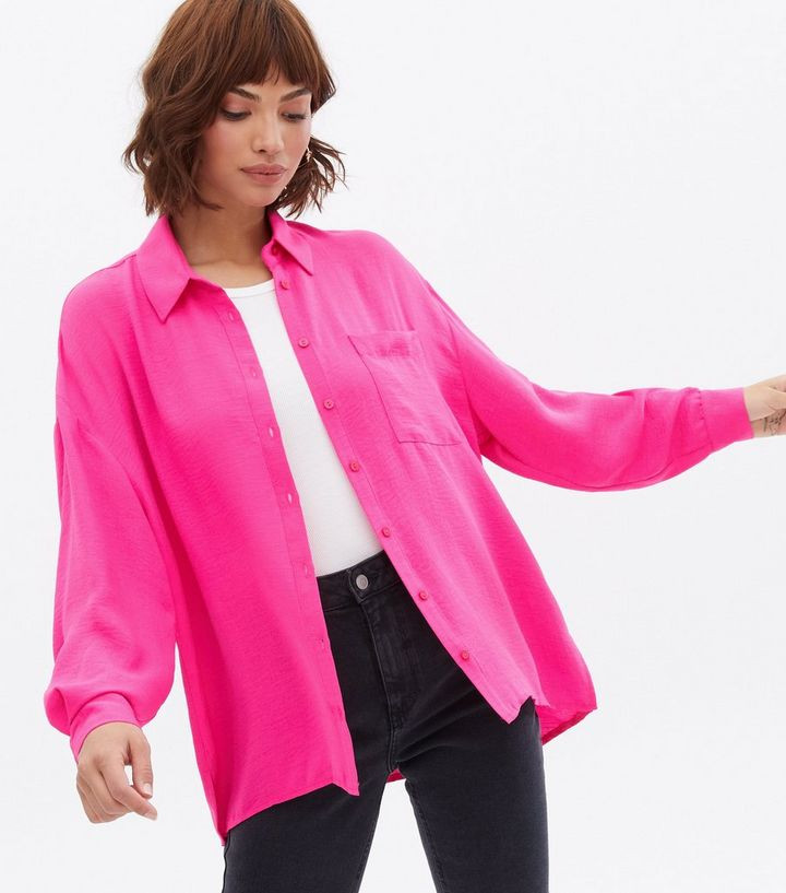 Bright Pink Pocket Front Long Sleeve Oversized Shirt
						
						Add to Saved Items
						Remove... | New Look (UK)