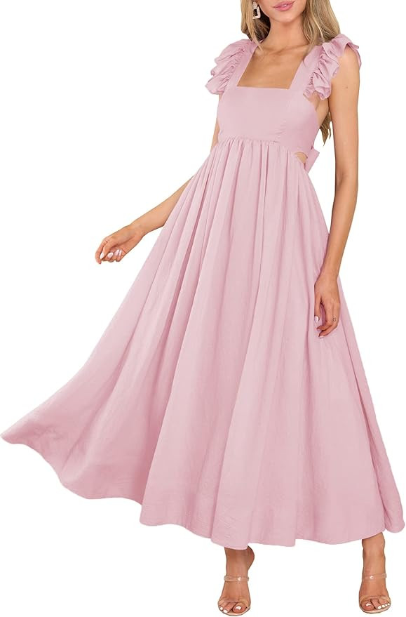 MITILLY Women's Summer Flutter Sleeve Square Neck Tie Back Casual Pleated A-Line Flowy Maxi Dress... | Amazon (US)