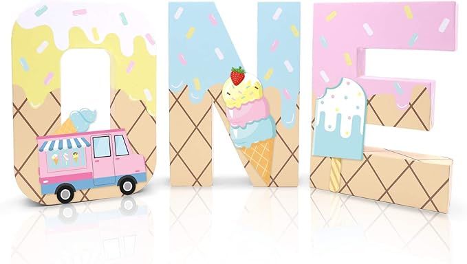 Ice Cream ONE Letter Sign Baby First Birthday Party Decorations Centerpieces for Summer Theme Bab... | Amazon (US)