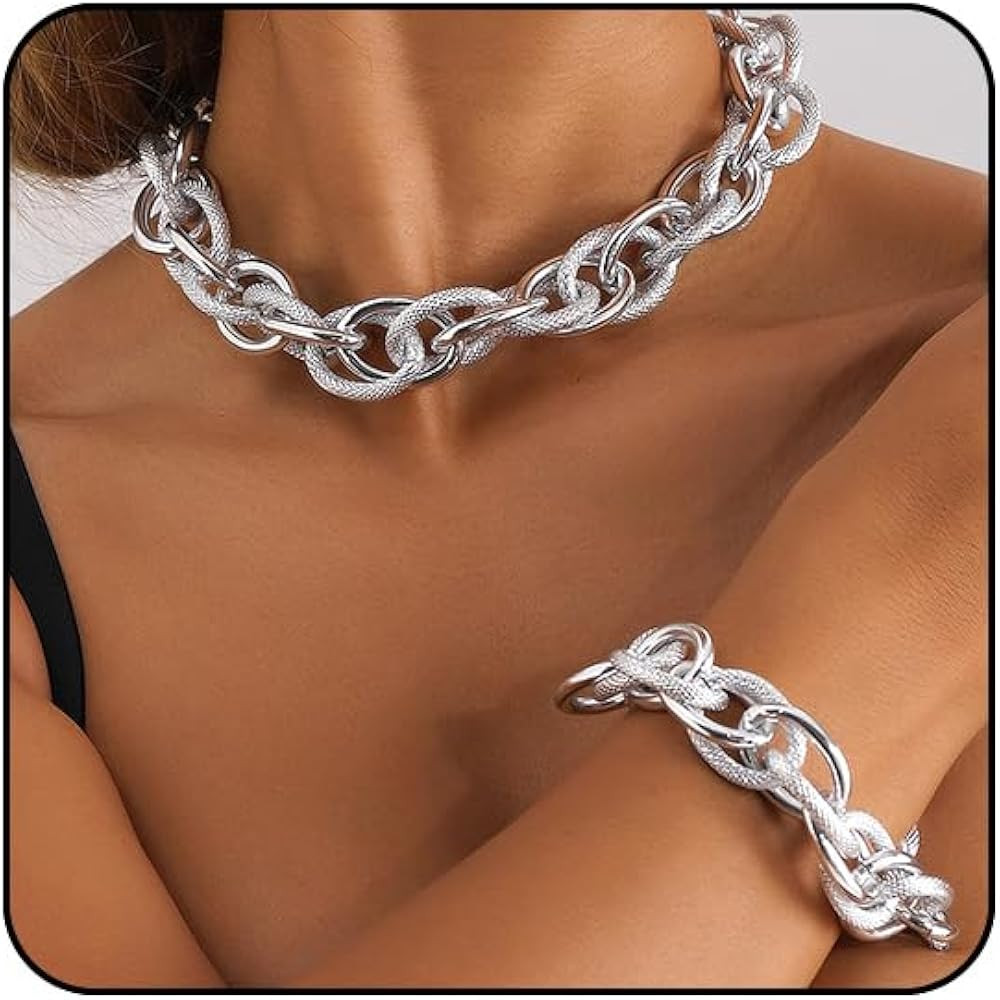 Otxas Chunky Necklace and Bracelets Set Statement Necklace for Women Silver Chunky Necklaces Fash... | Amazon (US)