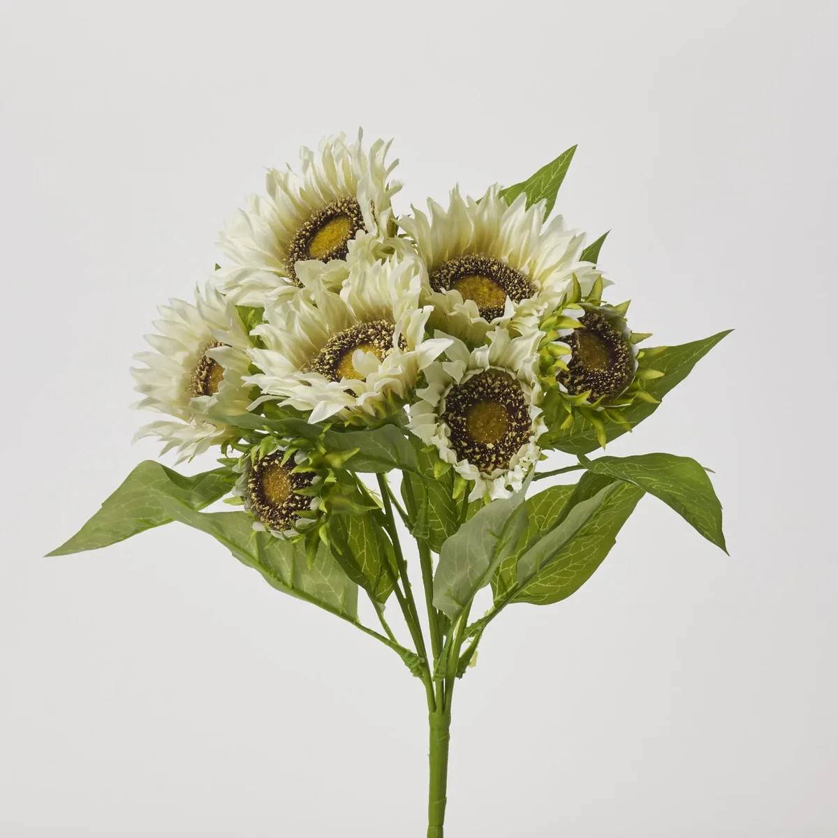 Cream Sunflower Head & Leaf Foliage Silk Faux Floral Bush Bouquet - 17" | Darby Creek Trading