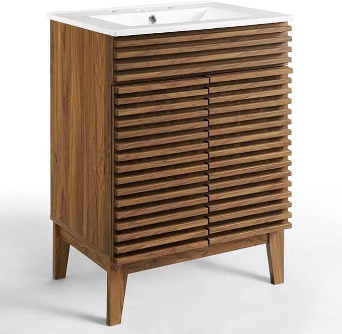 Modway Render Mid-Century Bathroom Vanity With Sink in Walnut White,24 Inch | Amazon (US)