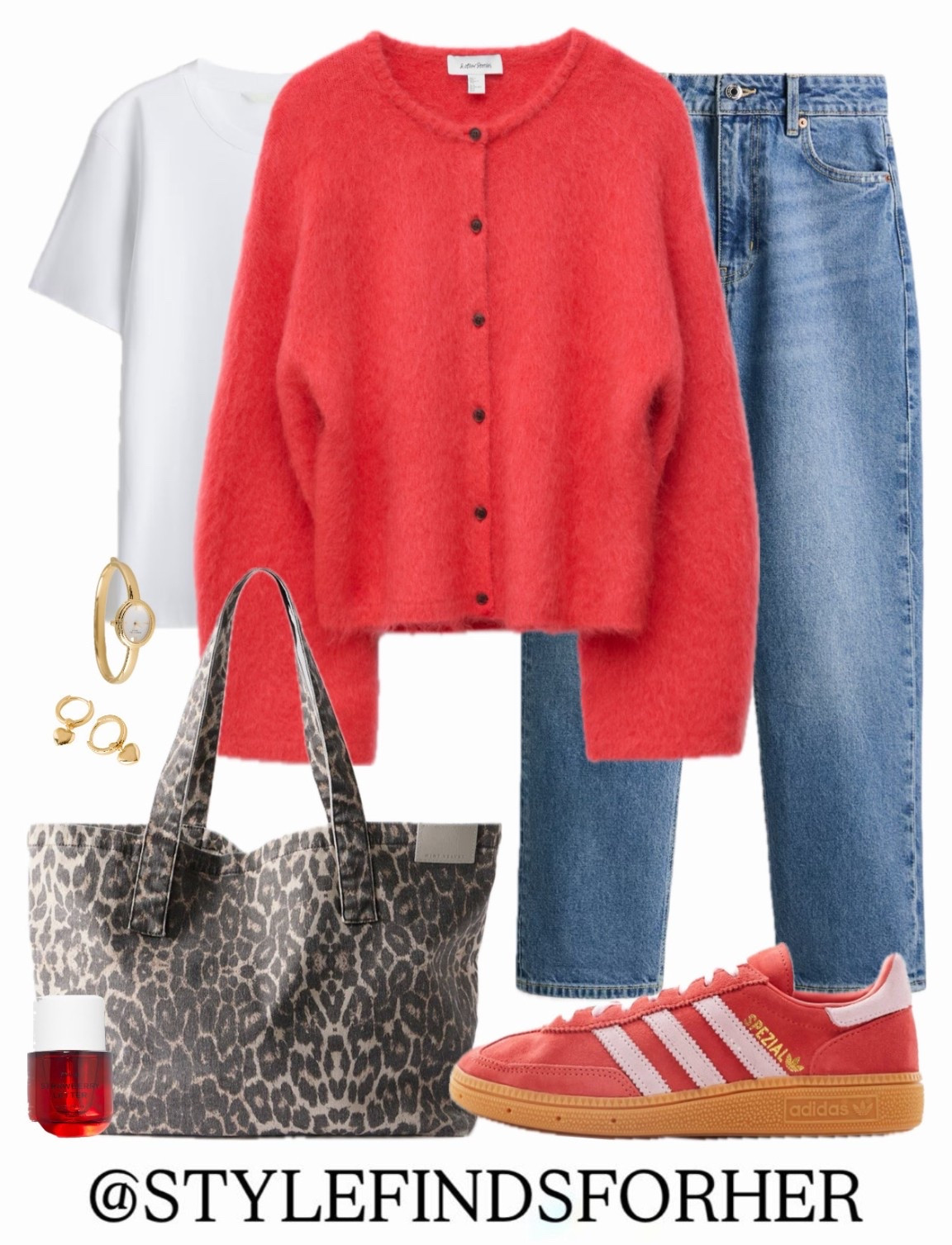 Casual red cardigan outfit ❤️ Fuzzy mohair red knit, classic white t-shirt, straight leg denim mom jeans and Adidas Spezial trainers. Easy everyday look with a leopard print tote bag. #leopardprint #redoutfit 

#LTKsale #LTKjeans #LTKuk