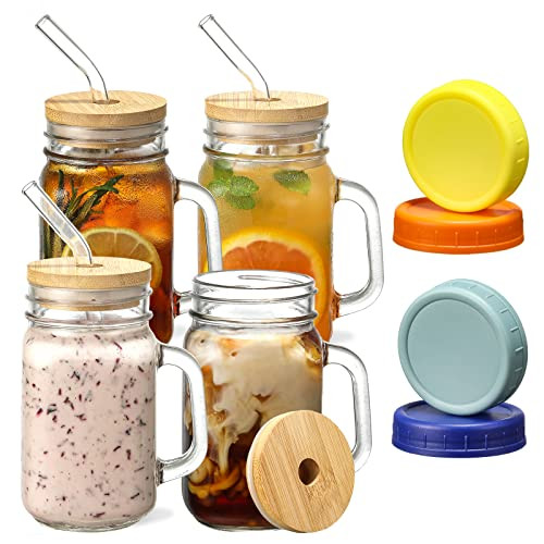 Mason Jars with Handle, Glass Mugs with Straws and Bamboo Lids & Colorful Airtight Lids 4pcs Set, 16oz Drinking Glass Cups, Travel Tumbler for Iced Coffee, Smoothie, Overnight Oats Containers | Amazon (US)