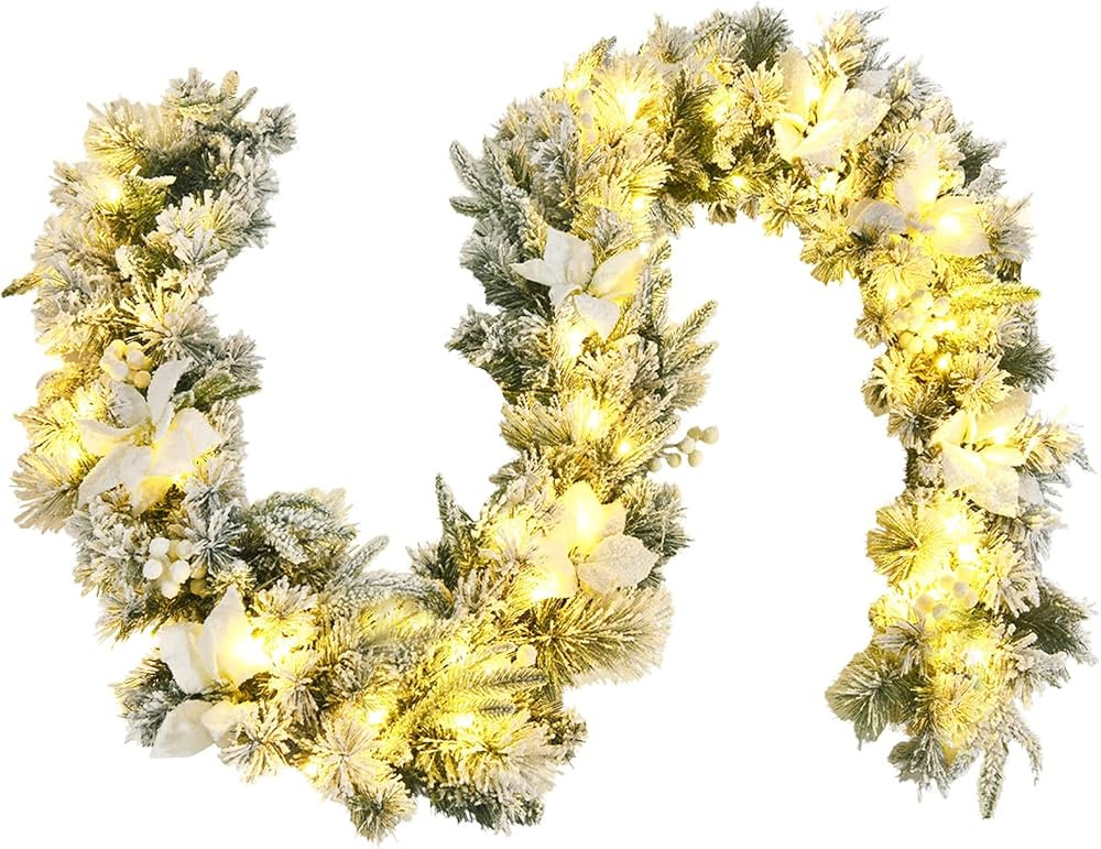 Goplus 9ft Snow Flocked Christmas Garland with 50 LED Lights, Pre-Lit Battery Operated Artificial... | Amazon (US)