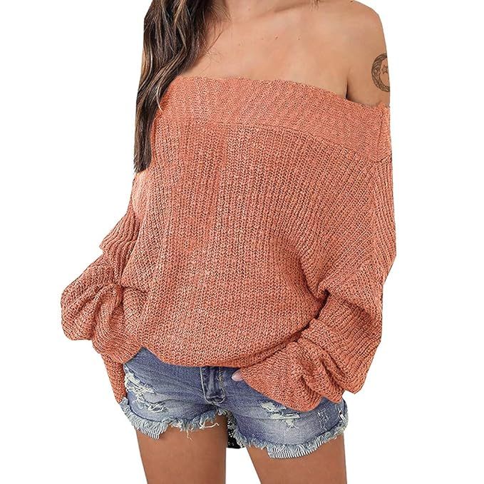 Exlura Women's Off Shoulder Sweater Batwing Sleeve Loose Oversized Pullover Knit Jumper | Amazon (US)