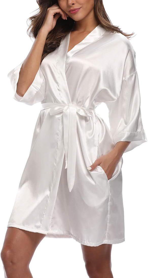 Old-Times Women's Short Satin Robes Kimono Silky Bride Bridesmaids Getting Ready Bathrobe Wedding Gi | Amazon (US)