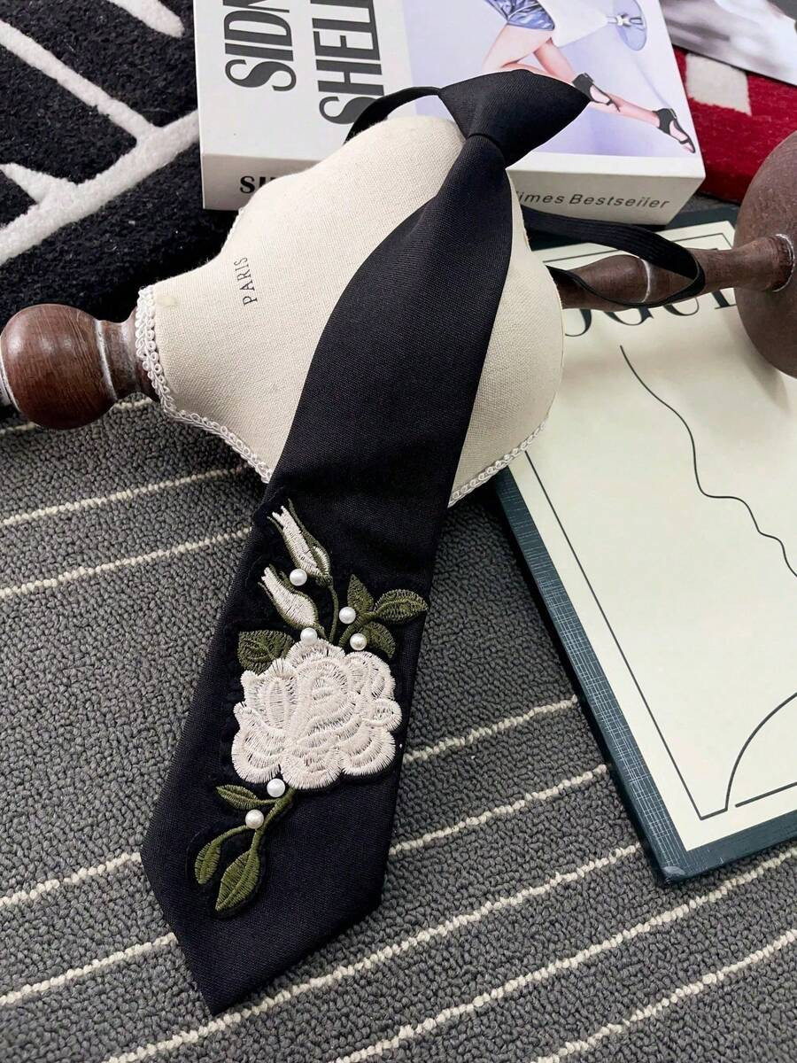 1pc Rose Casual Fabric Necktie, Garden Series Women's Necktie With Delicate Rhinestone Embroidery... | SHEIN