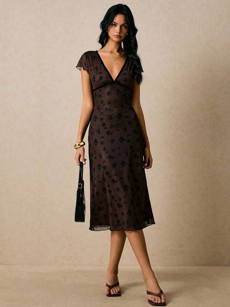 Poéselle Women's Elegant Floral Print Mesh Midi Dress, Summer ,Fall Wedding Guest Dress | SHEIN
