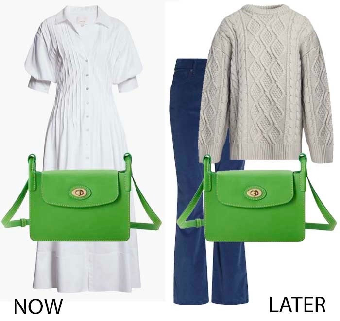 Wear a neon handbag like this Kelly green one now with a white dress and later with a cable knit sweater and cords  

#LTKSeasonal #LTKSaleAlert #LTKStyleTip