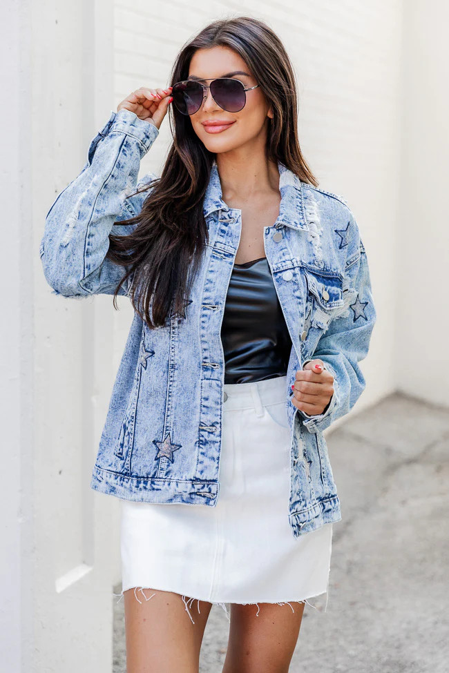 A Special Feeling Medium Wash Star Patch Denim Jacket | Pink Lily