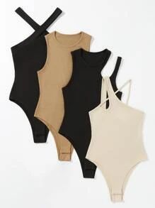 4pcs Asymmetrical Neck Cut Out Bodysuit | SHEIN