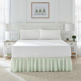 Laura Ashley Classic Ticking Stripe Green Cotton Twin 15 in. Drop Ruffled Bed Skirt USHSEA1219675... | The Home Depot