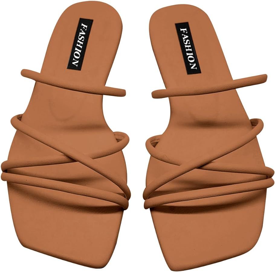 GORGLITTER PU Leather Flat Slip on Sandals Cross Strap Open Toe Summer Slide Sandals | Amazon (US)