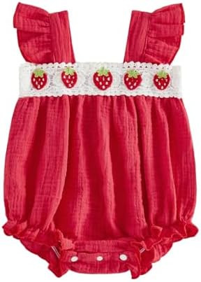 PUHHAPIEY Newborn Baby Girl Strawberry Onesie Berry Crochet Bubble Onesie Romper Summer Linen Out... | Amazon (US)