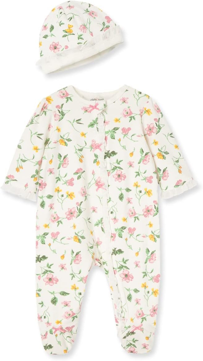 Little Me Clothes for Baby Girls 100% Cotton Scratch-Free Tag Footed One-Piece Romper and Hat Sle... | Amazon (US)