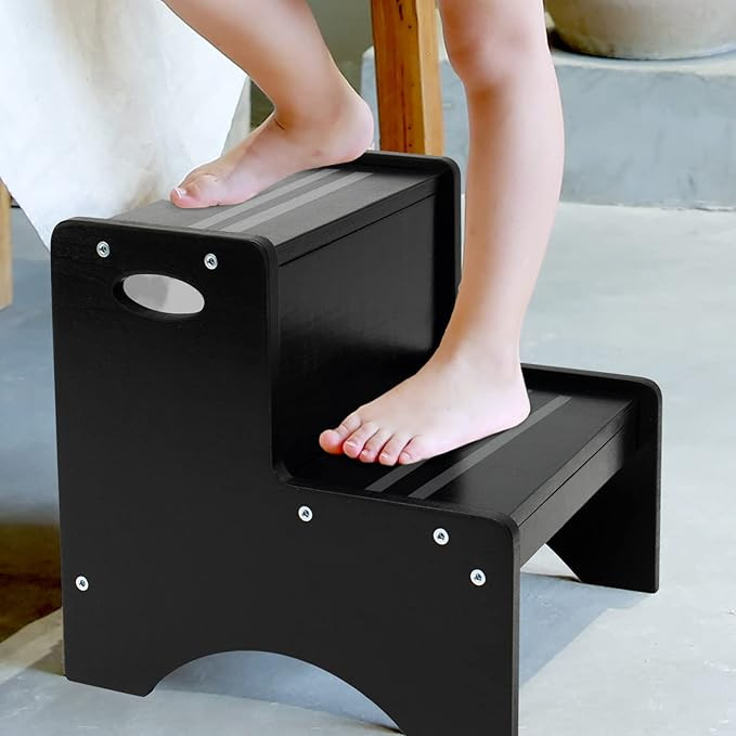 HAJACK Step Stools for Kids, Black Toddler Step Stool, Wooden Two Step Stool with Bonus Safety No... | Amazon (US)