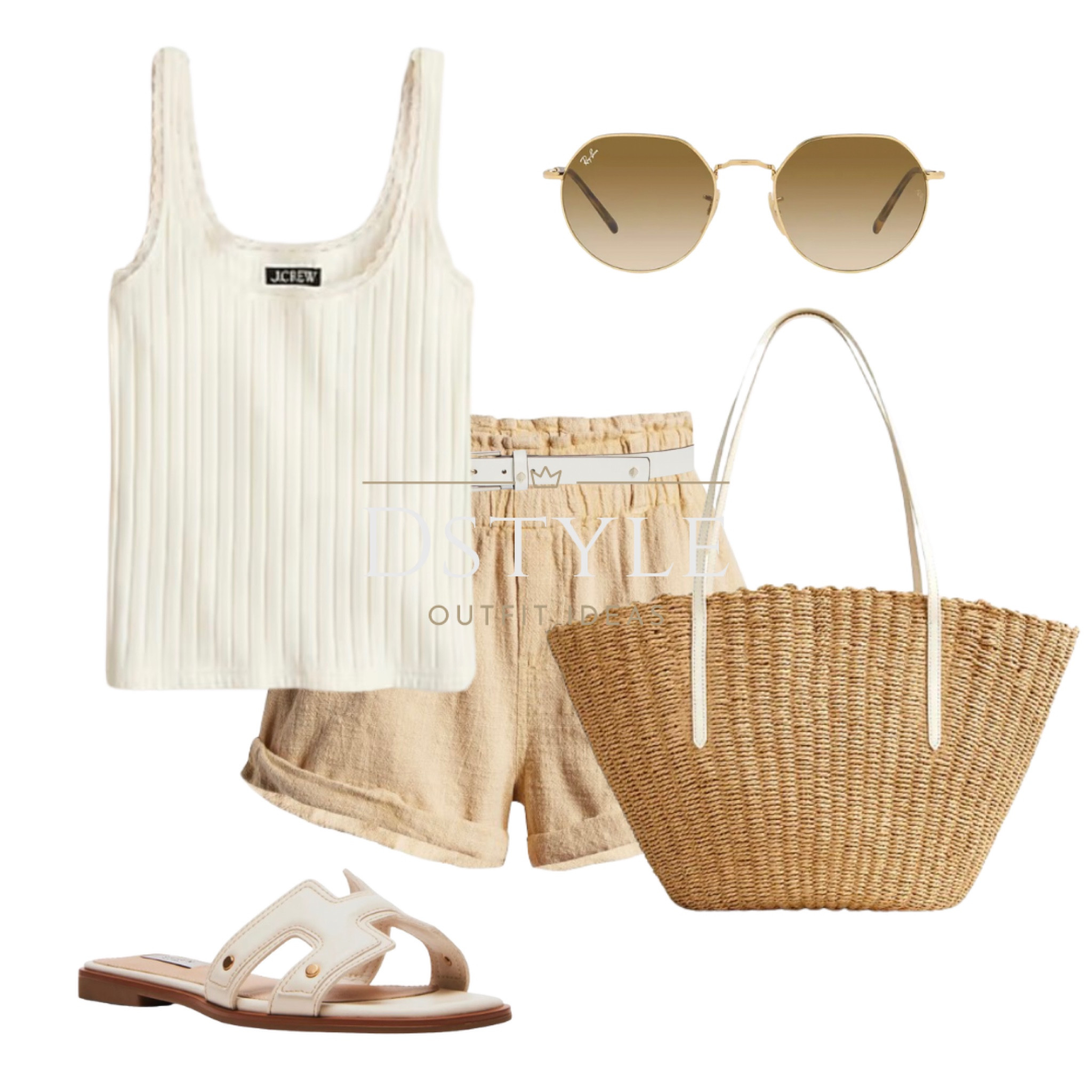Ivory tank top, paperbag cotton shorts, woven straw tote bag, white slide sandals, sunglasses
Neutral look, summer outfit, vacay look, comfort and style

#LTKitbag #LTKstyletip #LTKSeasonal