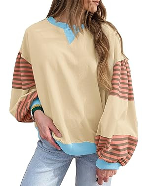 Fisoew Womens Color Block Oversized Sweatshirt Casual Lantern Long Sleeve Crewneck Striped Pullov... | Amazon (US)