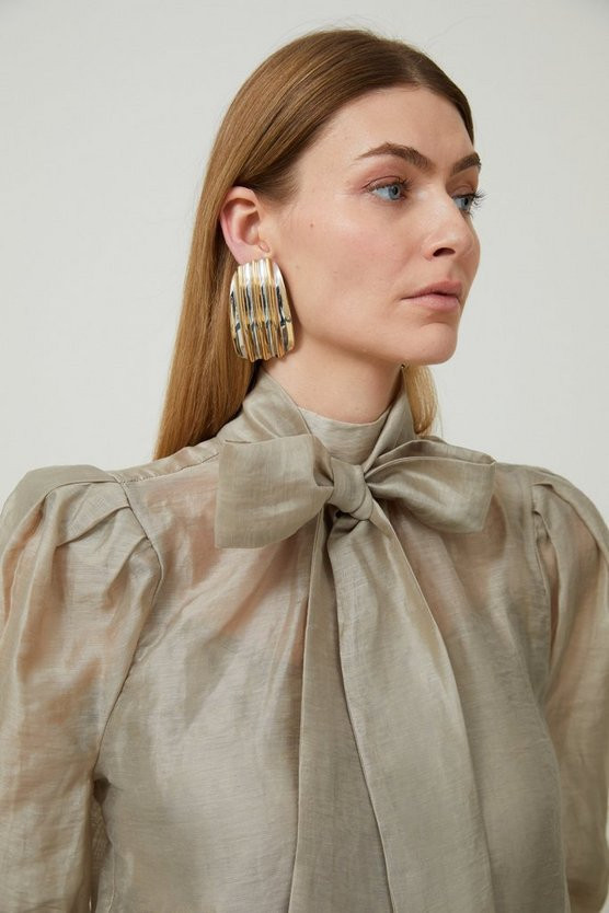 Linen Blend Organdie Woven Pussybow Blouse | Karen Millen US