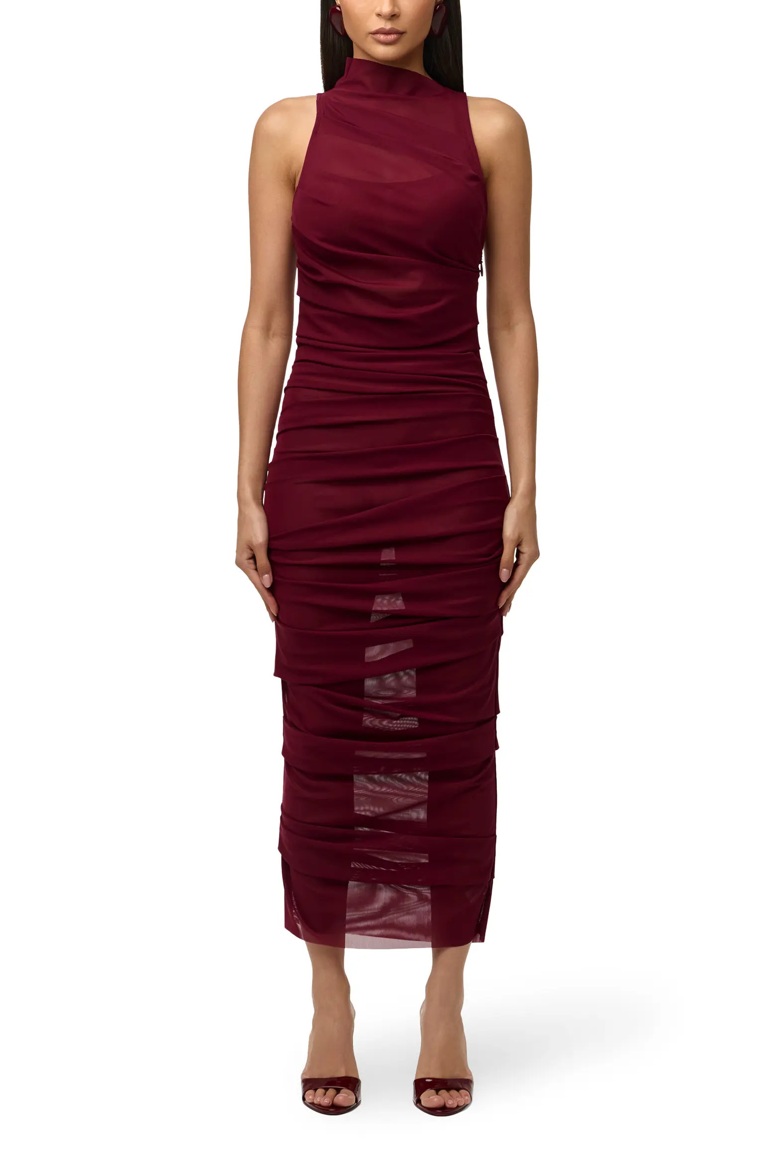 Asymmetric Mock Neck Sheer Mesh Midi Dress (Women) | Nordstrom | Nordstrom