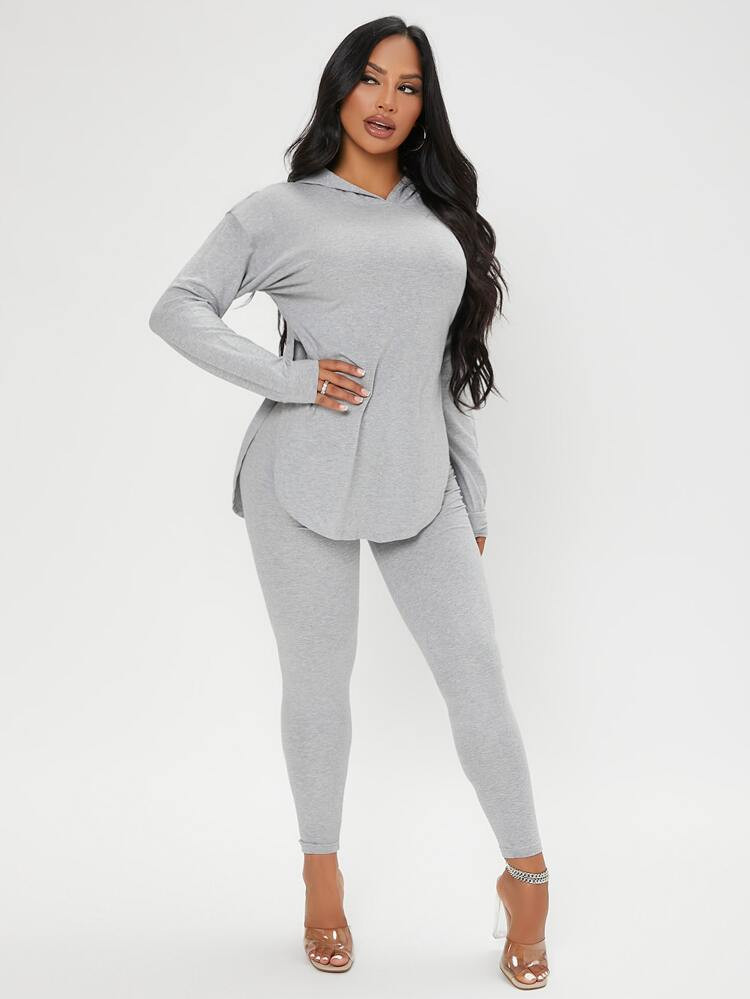 SHEIN SXY Solid Split Curved Hem Hoodie & Leggings | SHEIN
