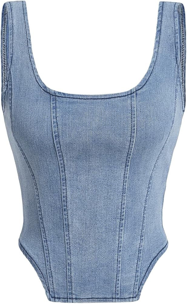 Verdusa Women's Zip Up Back Asymmetrical Scoop Neck Sleeveless Denim Crop Tank Top | Amazon (US)