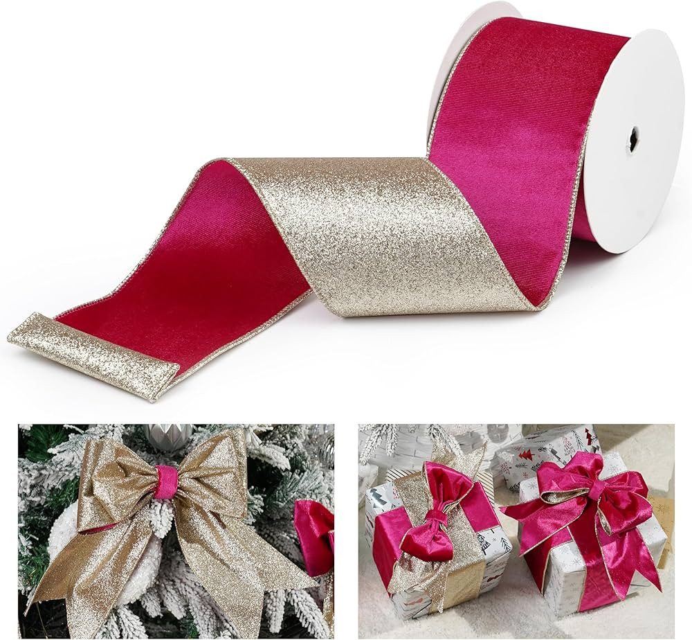 Hot Pink Velvet Wired Ribbon with Glitter Back 4 Inch Pink and Gold Christmas Ribbon Wired Fuschi... | Amazon (US)