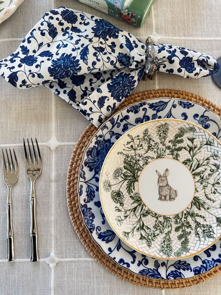 Easter tablescape decor - blue and white, bunny plates; woven charger placemats, flatware, oval tablecloth, floral plates and napkins 

#LTKSeasonal #LTKhome #LTKstyletip