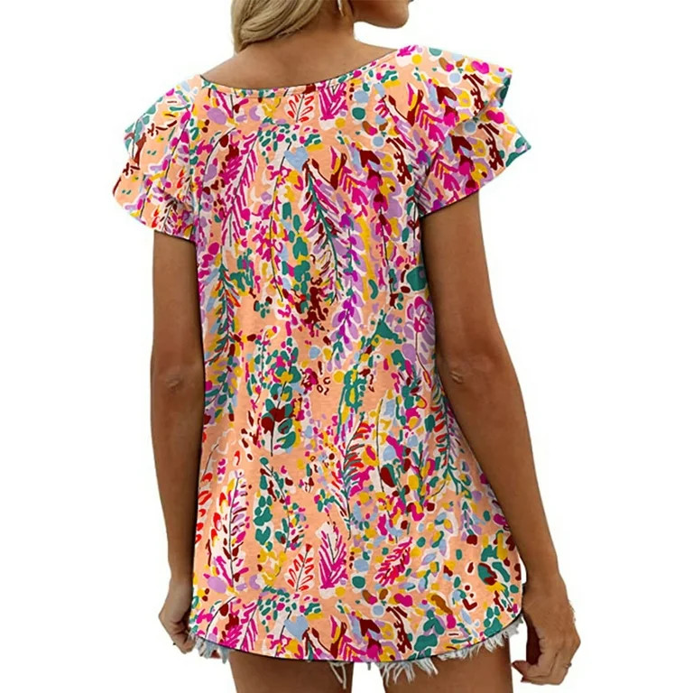 Mengpipi Womens Tops Summer Double Ruffle Short Sleeve V-Neck Casual Blouses, Colorful Leaves-L(U... | Walmart (US)