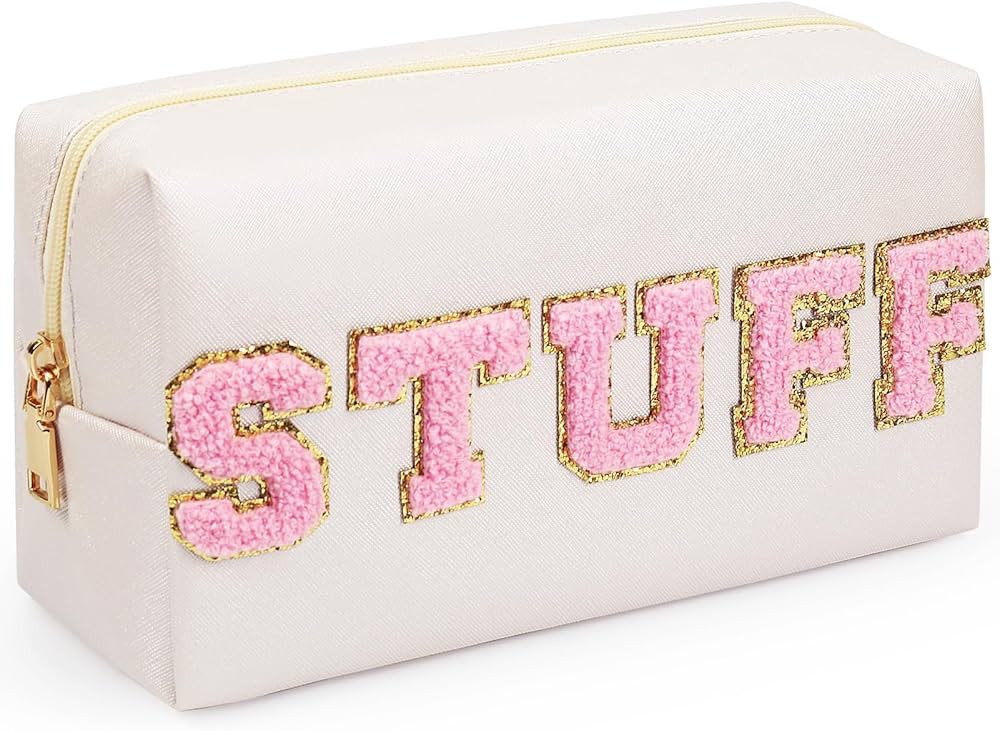 Preppy Makeup Bag, Synthetic Leather Patch Cosmetic Bag with STUFF Chenille Letter for go out, Gi... | Amazon (US)