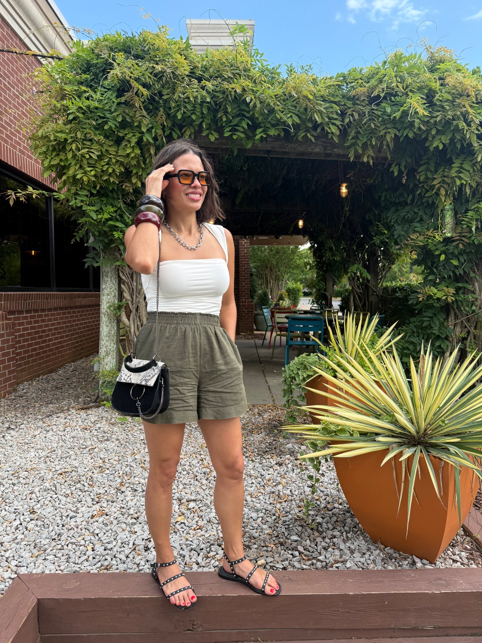 Mixing Snake Print + Studs + Fun bangles + Linen blend shorts you want to have in your closet!! 

#LTKOver40 #LTKStyleTip